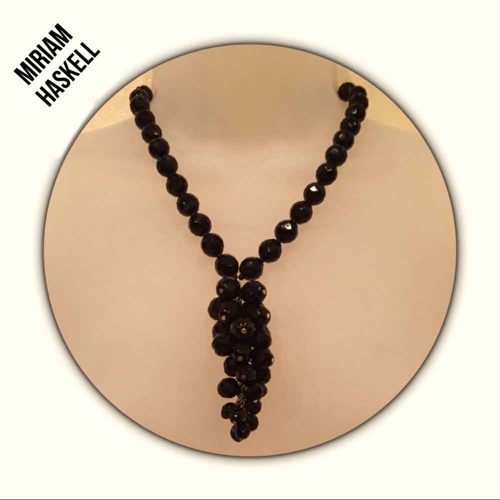 Miriam Haskell black glass gem cut tassel necklace